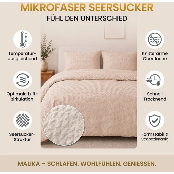 Malika Bettwäsche aus 100 % Mikrofaser, 1 x 135 x 200 + 1 x 80 x 80 cm, Seersucker, Beige, Seersucker, 2 teilig, Für Allergiker geeignet, pflegeleicht, angenehm weicher Stoff – Bild 3