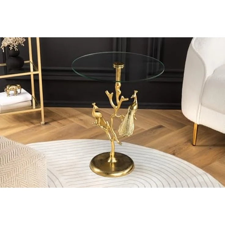 riess-ambiente Beistelltisch WILDLIFE PEACOCK 60cm gold / transparent · Wohnzimmertisch aus Metall (Einzelartikel, 1-St), mit Glas-Tischplatte · rund · handmade · Pfauen-Skulptur · Design – Bild 2