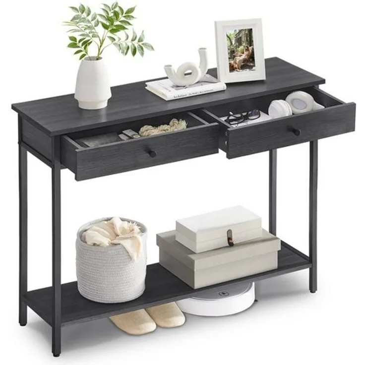 Vasagle Konsolentisch, Flurtisch, Beistelltisch, Sofatisch mit 2 Schubladen, Stahlgestell, Flur, Wohnzimmer, Industrie-Design, anthrazitgrau-tintenschwarz LNTDE015B07