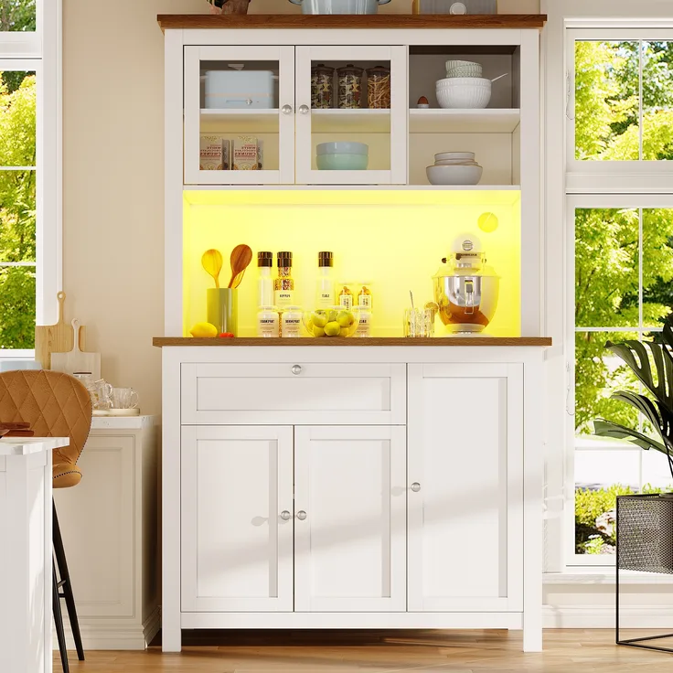 Hochschrank Küchenbuffet mit LED-Beleuchtung & App-Steuerung, 104x40x180 cm, Weiß