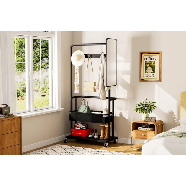 Faumrta Robuster Kleiderständer aus Metall mit Rollen, 3-in-1-Design mit Korb und Spiegel, Kleiderbügel, mobiler Kleiderständer mit Rollen, geräumiger Garderobenständer, Schwarz, 70*40*170cm70CM*40CM*170CMSchwarzParticle Board,Steel – Bild 7