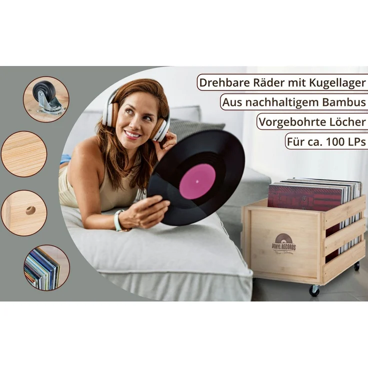 Stagecaptain Holzkiste Emil Schallplattenkiste Bambus Natur für bis zu 100 LPs (1 St), für bis zu 100 LPs - aus Vollholz im Retro-Design – Bild 2