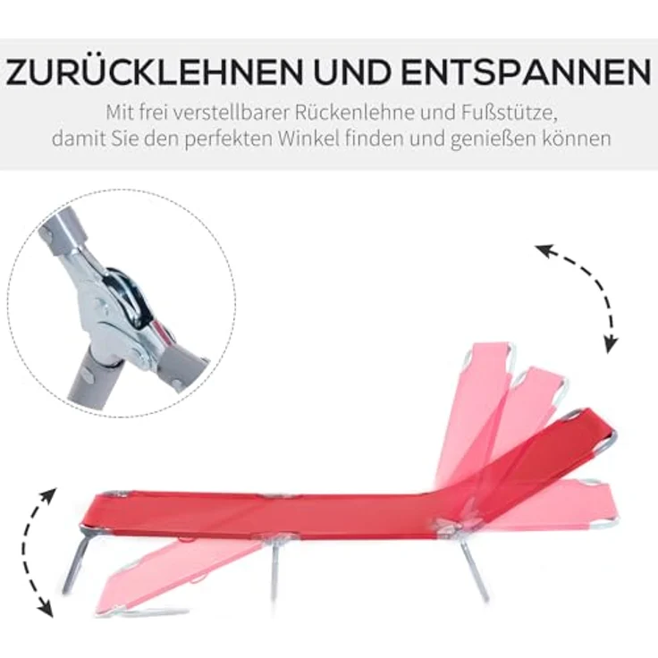 Outsunny Klappbare Sonnenliege, Liegestuhl mit 5-Fach verstellbarer Rückenlehne, wetterfest, rot, bis 120 kg belastbar – Bild 5