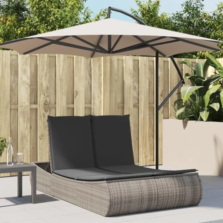 vidaXL Doppel-Sonnenliege Grau, 3-fach verstellbare Gartenliege mit abnehmbaren Kissen aus Poly Rattan – Bild 2