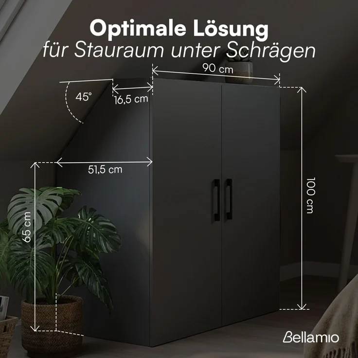 Bellamio 'Aland' Dachschrägenregal mit Türen, schwarz, 100x52x90 cm, Schrank für Dachschräge mit 3 Fächern – Bild 5