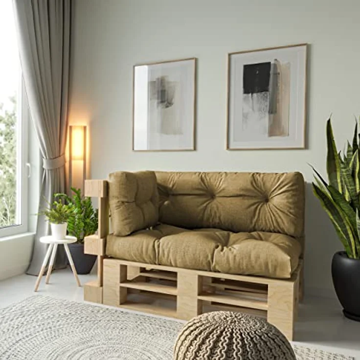 chilly pilley Palettenauflage Schaumflocken palettenkissen Palettenpolster Palettenmöbel Palettensofa Rückenlehne Sitzkissen Seitenkissen Set (3er Set Beige) – Bild 3