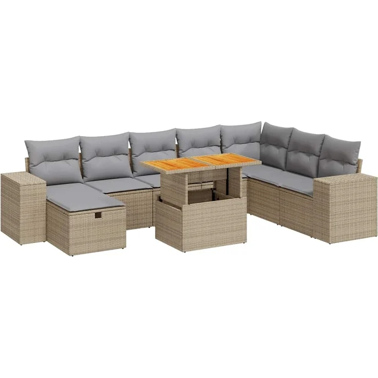 vidaXL 9-tlg. Garten-Sofagarnitur mit Kissen Beige Poly Rattan Akazie 3328102 – Bild 1