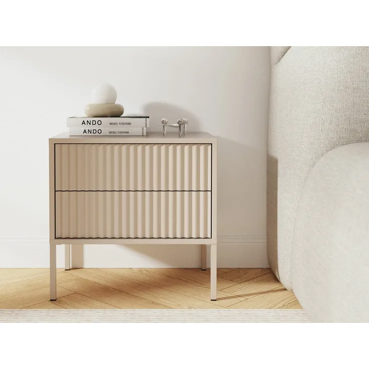 Beautysofa Nachttisch NOTO 50 cm Cashmere mit 2 Schubladen (geriffelten Fronten, Push-to-Open)
