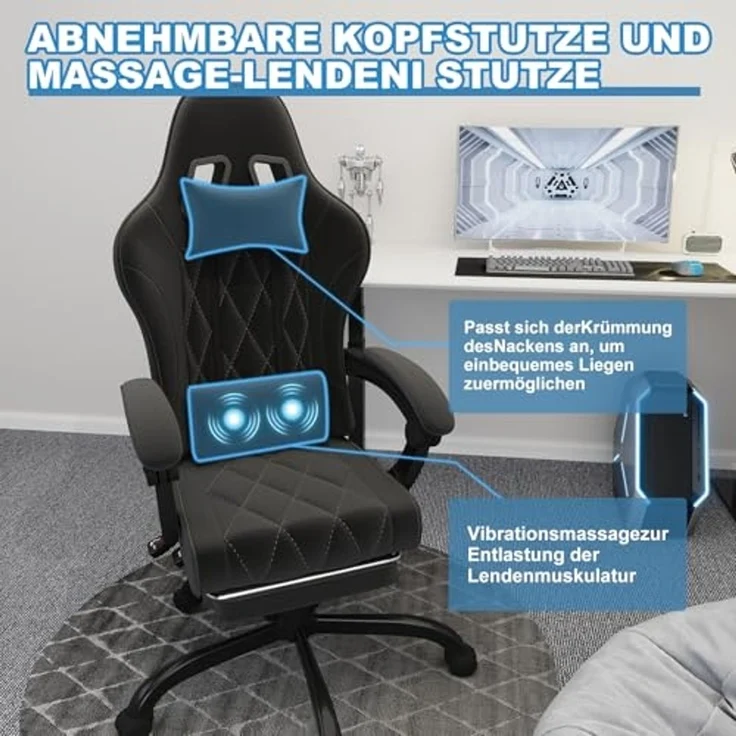 JUMMICO Gaming Stuhl Stoff mit Federpolsterung, Ergonomischer Bürostuhl mit Massager. Gaming Chair mit Kopfstütze, Fußstütze, Höhenverstellbar. Gamer Stuhl 150 kg belastbarkeit, Schwarz – Bild 7