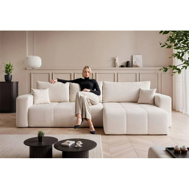 Ecksofa Schlafsofa Sofa LEROS XL in Stoff Manila Creme Ottomane Rechts – Bild 3