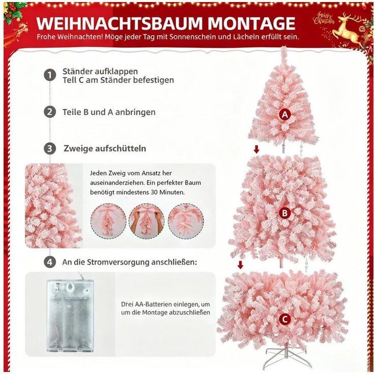 VINGLI Künstlicher Weihnachtsbaum mit Lichtern, Weihnachtsdeko mit Metallständer, für innen & Außen, 100 LEDs, Warmweiß, Batteriebetrieben, 750 Zweigspitzen, 180 cm, Rosa – Bild 3