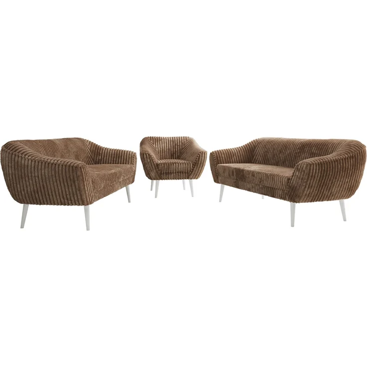 Wohnzimmerset, Möbelset PIRS 3-3-1, Armlehnen, Wellenfederung, weiße Füße, Dreisitzer Sofas mit Sessel, Polstermöbel Set - Braun Cord – Bild 6