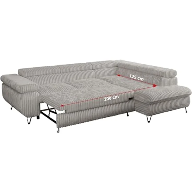 Mks Möbel 'Peter L-form' Ecksofa mit Bettfunktion, Bettkasten & einstellbaren Kopfstützen, Hellgrau, Cord, links – Bild 7
