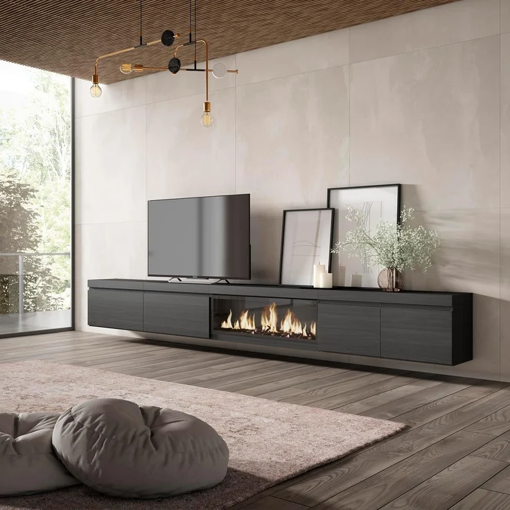 Skraut Home | TV-Schrank, Lowboard | für Wohnzimmer und Esszimmer | 368 x 45 x 35 | Elektrokamin XXL | Hängend | Moderner Stil | Schwarz – Bild 2