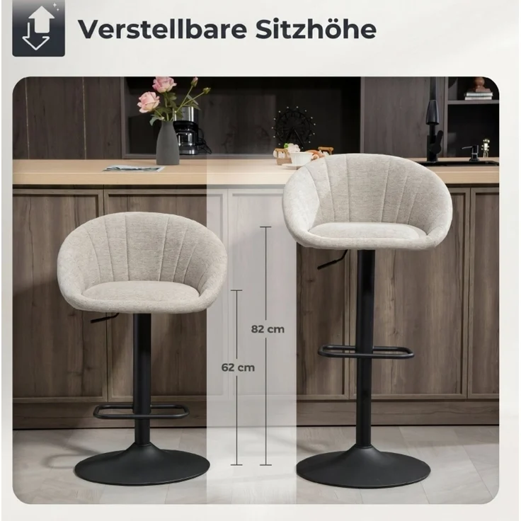 Barhocker 2er-Set mit Armlehnen, drehbar & höhenverstellbar, 53,5×46×103 cm, Beige – Bild 2