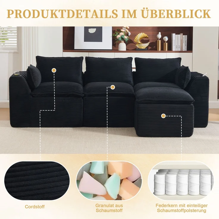 EINHOM Modulares 3-Sitzer-Sofa + Fußhocker, inklusive Kissen, Getränkehalter und 2 Seitentaschen. Mit einer Füllung aus Schaumstoff und Federkern. Ideal für Wohnzimmer und ähnliche Räume(schwarzer Cordstoff) – Bild 5