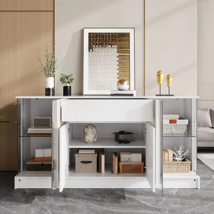 Sideboard 150 x 40 x 75 cm aus Spanplatte in Weiß Hochglanz mit Glasvitrinen und App-gesteuerter LED-Beleuchtung – Bild 4