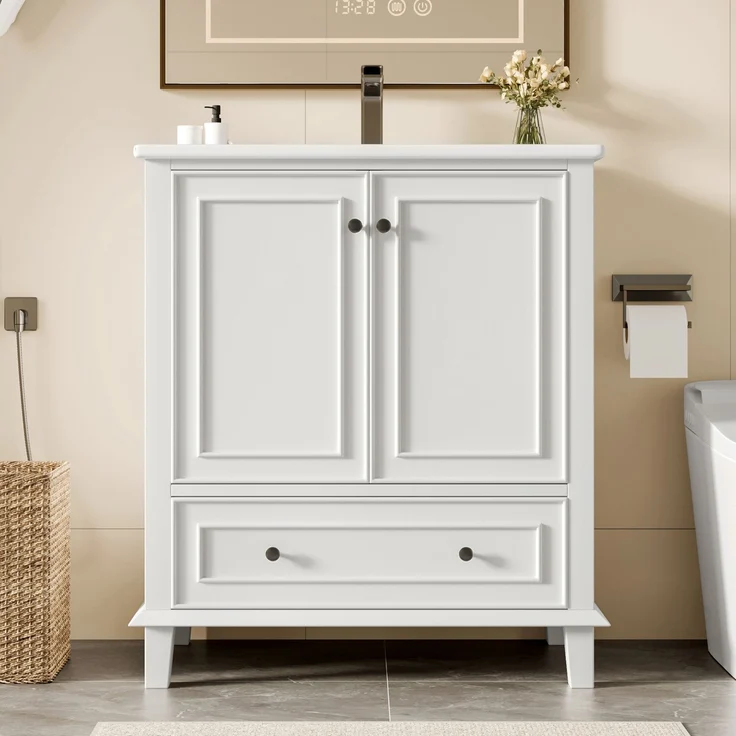 Badezimmerschrank 76 x 46 x 87 cm mit Keramikbecken, viel Stauraum & Massivholzbeinen – Moderner Waschtischschrank,Weiß – Bild 6