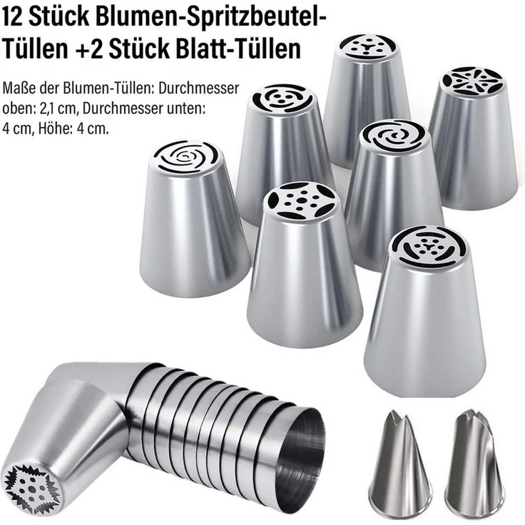 MOPUEA Spritzbeutel Russische Spritztüllen und 1 Profi-Spritzbeutel 20cm Backzubehör (Deko-Set mit Edelstahl-Garniertüllen waschbar, Wiederverwendbar, 27-tlg, 14 Spritztüllen (2 klein, 12 mittel) 11 Beutel (1 Silikon, 10 Einweg) 2 kopplers für Blumen u... – Bild 3