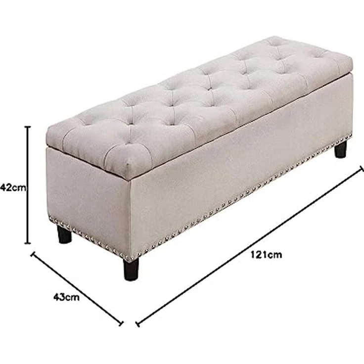 BAKAJI Sitztruhe, Sitzhocker, Fußhocker für Schlafzimmer, Hocker mit Holzrahmen, Bezug aus Stoff, Sitzfläche zum Öffnen, gepolstert, Farbe: Beige, Maße: 121 x 42 x 43 cm – Bild 3