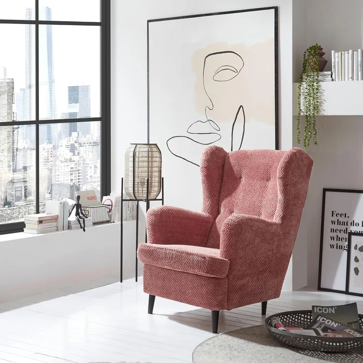 Stella Trading Oskar Ohrensessel mit geknöpfter Polsterung, Coral - Vintage Wohnzimmer Sessel mit Massivholz Füßen - 78 x 102 x 98 cm (B/H/T) – Bild 2