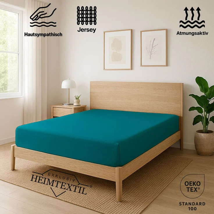 EXKLUSIV HEIMTEXTIL Jersey Spannbettlaken 160 x 200 cm Türkis 100% Baumwolle Öko - Tex Zertifiziert Bed-Sheet Bettlaken Spannbetttuch – Bild 2