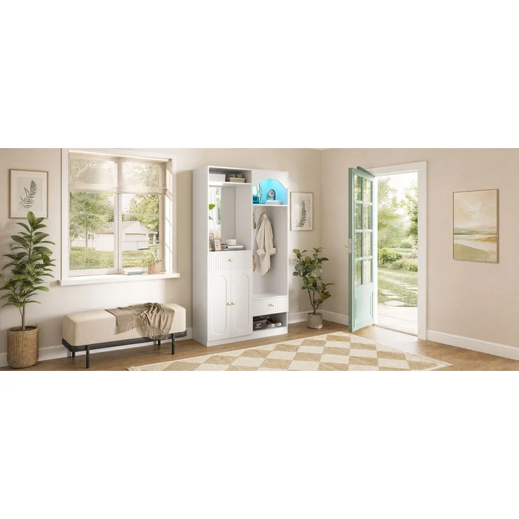 Kompaktgarderobe mit Spiegel und Sitzbank,Flurgarderobe mit Schuhschrank und Haken, Kleiderhaken,Kompaktgarderobe,Flurmöbel Set,Flurgarderobe,LED-Streifen mit einstellbarer Farbe--Weiß--100x35x180cm--YOUDENOVA – Bild 10