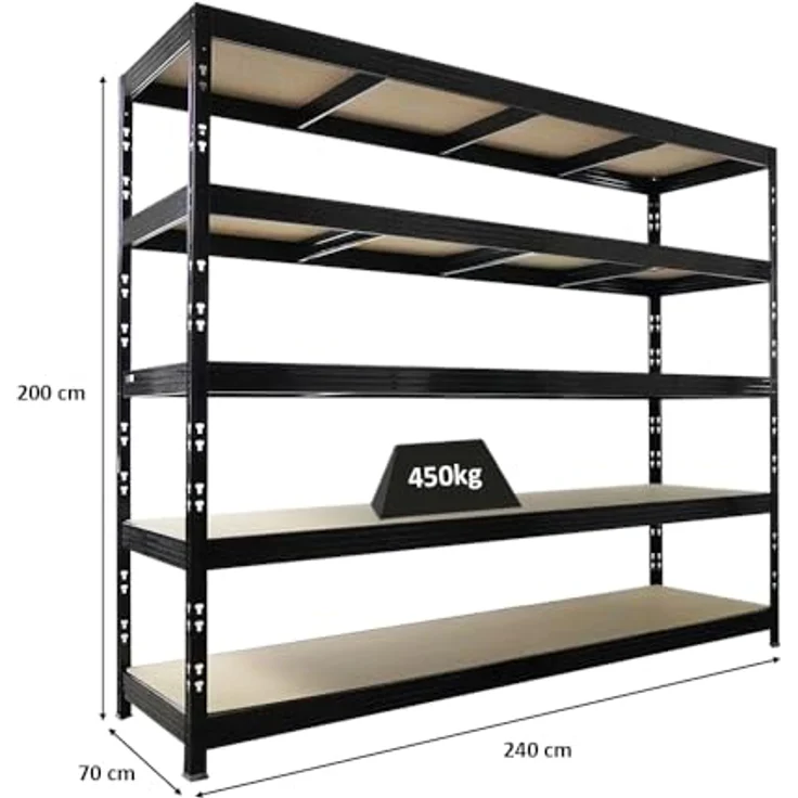 PROREGAL Profi Schwerlastregal Rhino EXTRA BREIT XXL schwarz HxBxT 200x240x70cm Fachlast 450kg 5X Spanplatten-Ebenen 8mm Garagenregal, Lagerregal, Steckregal, Weitspannregal – Bild 3