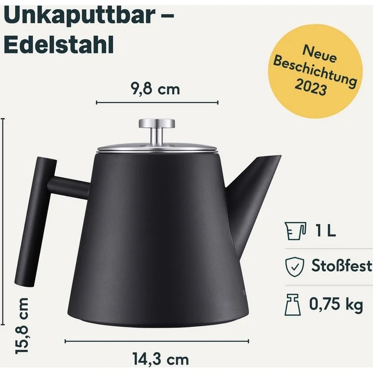 SILBERTHAL Teekanne Edelstahl mit Siebeinsatz Schwarz, 1 l, Doppelwandig-isoliert – Bild 3
