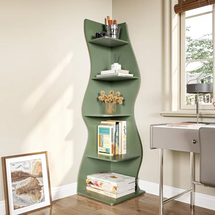 LITTLE TREE Bücherregal Ecke, Modernes Regal Schmal mit 6 Ebenen, 50 x 48 x 179 cm Bücherregal Holz, Standregal mit Wellen-Design für Kleine Räume, Wohnzimmer & Schlafzimmer, Grün, 2er Pack – Bild 3