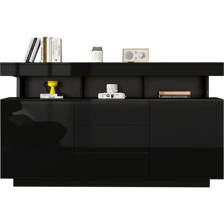 DESVIAE Sideboard mit LED-Beleuchtung und 3 Schubladen 140x80x35 cm Spanplatte/Acryl Schwarz – Bild 7