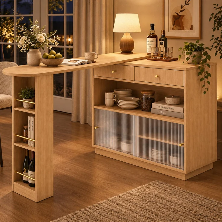 Bartisch aus Spanplatte, 360° drehbar mit Stauraum, 183x30x100 cm, Eichenfarbe – Bild 1