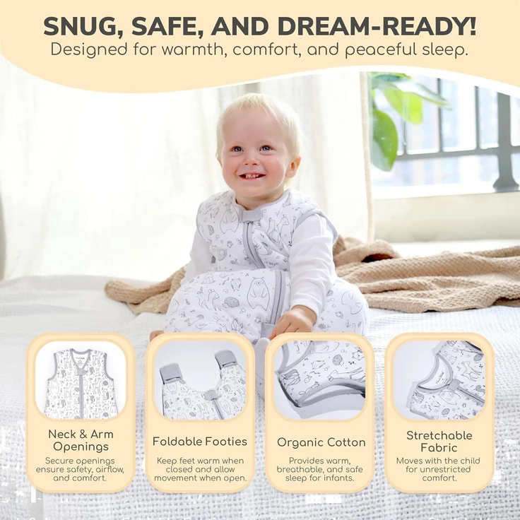 Baby Schlafsack mit Füße 1.0 TOG, Ganzjahres Schlafsack, Bio-Baumwolle Baby Schlafsäcke ohne Ärmeln Babyschlafsack mit Beinen für Säugling Kinder Junge Mädchen, 1er Pack, 70cm (Baby Höhe 80-90cm) – Bild 6