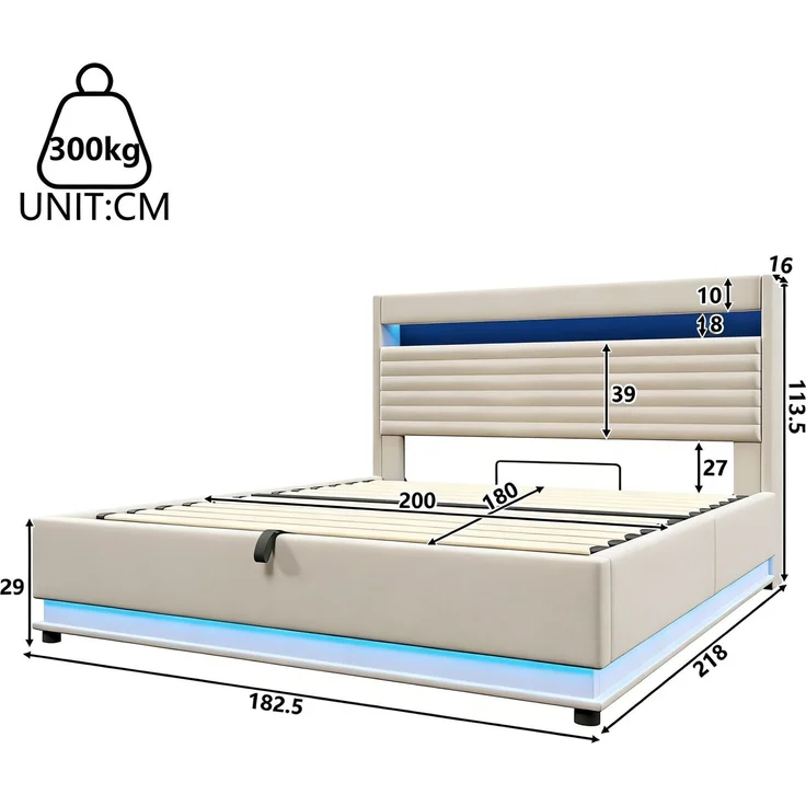 Merax Polsterbett, 180x200 cm, Doppelbett Mit USB Typ-C Ladefunktion, LED-Beleuchtung, Hydraulische Lagerung, Flip-Top-Aufbewahrungsfach, Ohne Matratze, Leinen, Beige – Bild 4