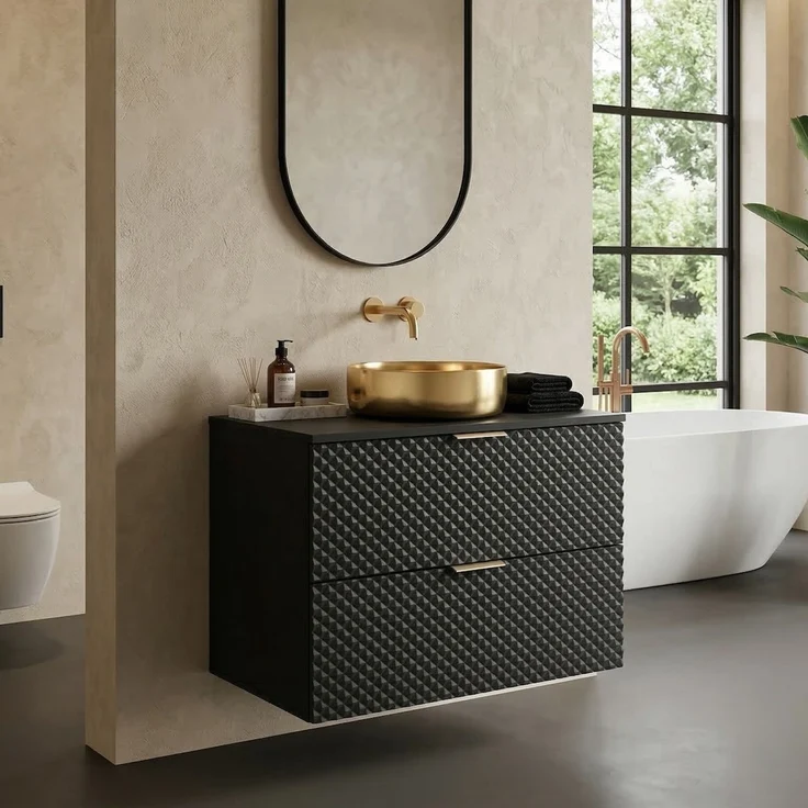 Badplaats Waschbeckenunterschrank Borneo 80 x 49 x 63 cm – Matt Schwarz – Hängender Waschtischunterschrank mit 2 Schubladen – Bild 2