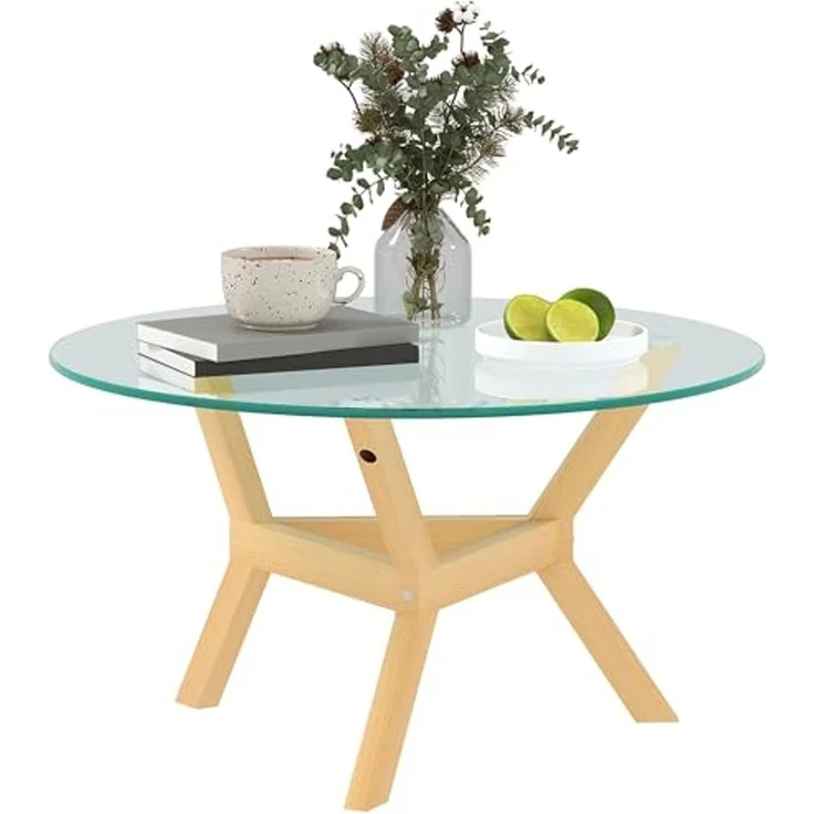 HOMCOM Couchtisch aus Hartglas, mit verstellbaren Fußpolstern und Stahllrahmen, rund (Beistelltisch, 1-St, Wohnzimmertisch), für Wohnzimmer, Transparent, Ø80 x 45 cm – Bild 1