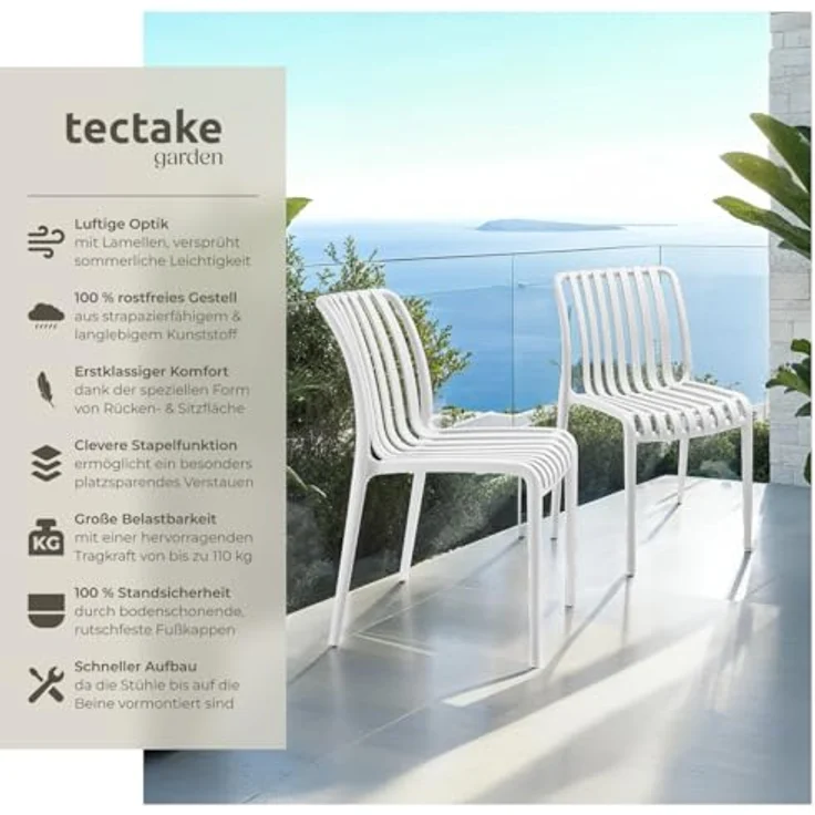 tectake Gartenstuhl Balkonstuhl, stapelbar, Belastbarkeit 110 kg, 47 x 58 x 80,5 cm (Terrassenstuhl Alcudia für Außen in Creme, 2 St), wetterfest und UV-beständig, pflegeleicht, rutschfeste Gummischoner – Bild 5
