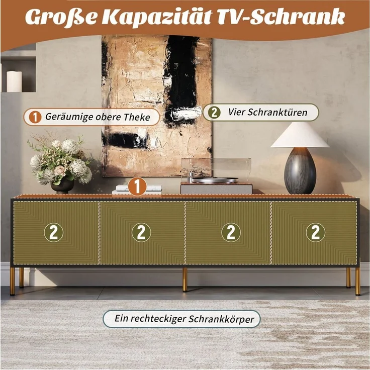 BlingBin Lowboard TV-Schrank Fernsehschrank TV-Ständer (Einzigartiges im Farbblock-Design, 1 St, mit 4 Türen und 5 Metallbeine), 179L x 35B x 53,5H cm, Schwarz + Natur – Bild 3