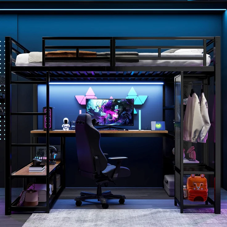 U-life Metall-Hochbett 140x200 cm mit Schreibtisch, offenem Kleiderschrank, USB-Ladestation und LED-Beleuchtung, Schwarz – Bild 4