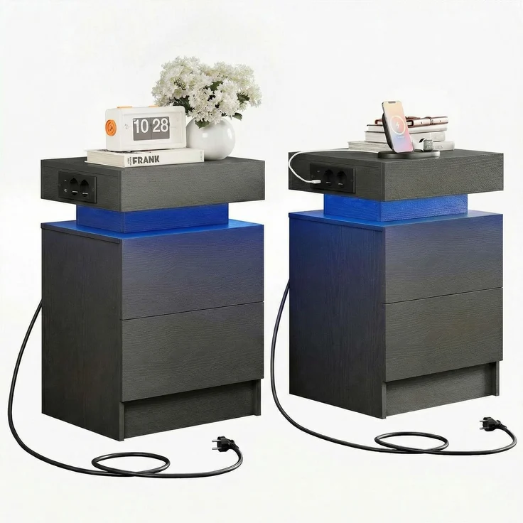IRONCK Nachttisch 2er Set mit LED-Lichtern & 2 AC-Steckdose, Beistelltisch mit USB+Typ-C Anschlussen, Nachtschrank mit 2 Schubladen, Sofatisch für Schlafzimmer, Wohnzimmer, Grau – Bild 1