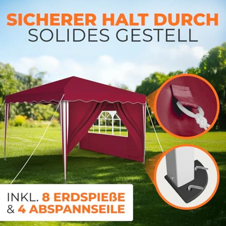 Kronenburg Faltpavillon wasserdicht Dachmaß 3x3 m UV Schutz 50+ Pavillon in Rot mit 2 Seitenteilen – Bild 6
