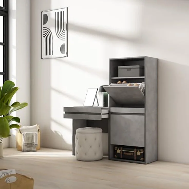 Skraut Home | Schuhregal, Schuhschrank | Schuhaufbewahrung | 130x145x35 cm | Für Schlafzimmer, Zimmer | Schminktisch | Moderner Stil | Zement – Bild 4
