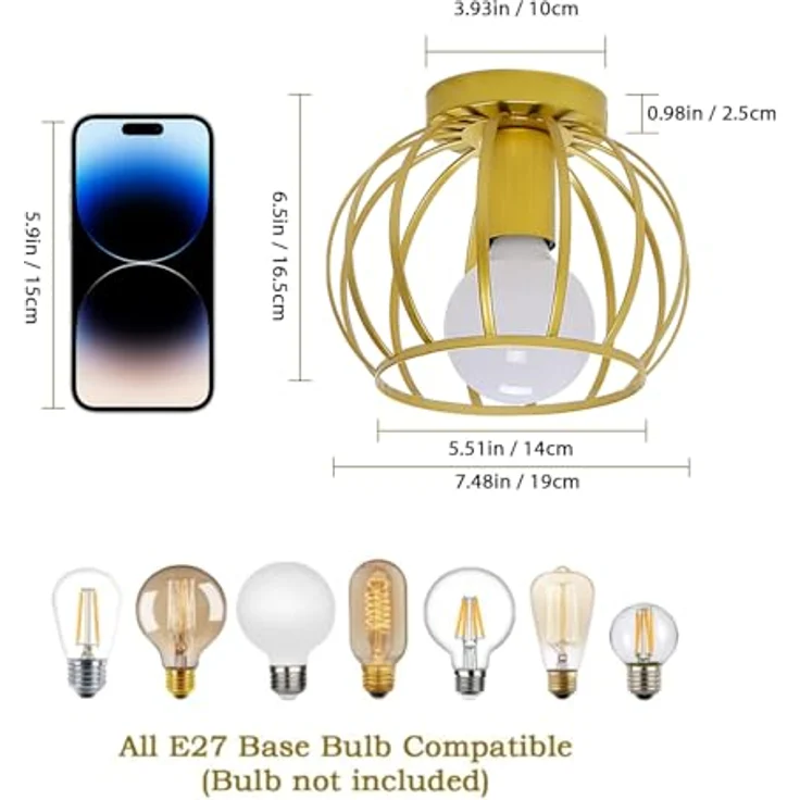 Comely Deckenleuchte Vintage, Industrial Deckenlampe Metall in Käfigform, Retro Kronleuchter E27 für Schlafzimmer, Wohnzimmer, Eingang, Flur (Gold) – Bild 6