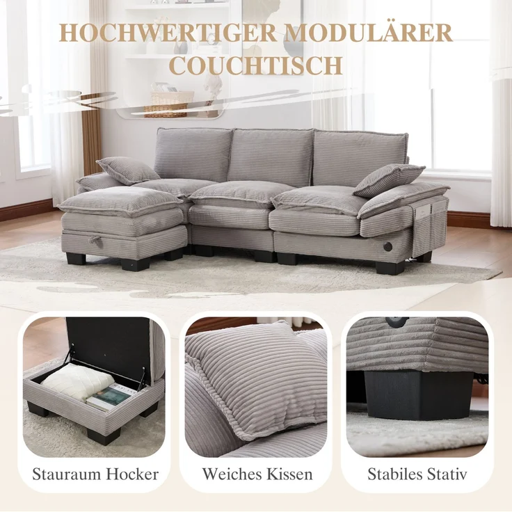 DESVIAE Sofa 3-Sitzer mit Hocker und USB-C-Anschluss 260x84x132 cm Cord Hellgrau – Bild 5