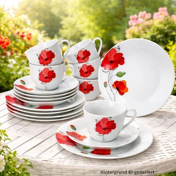 MamboCat Kaffeeservice MamboCat Mona 18tlg Kaffeeservice Mohnblüten Tasse Untertasse Teller, Porzellan – Bild 6