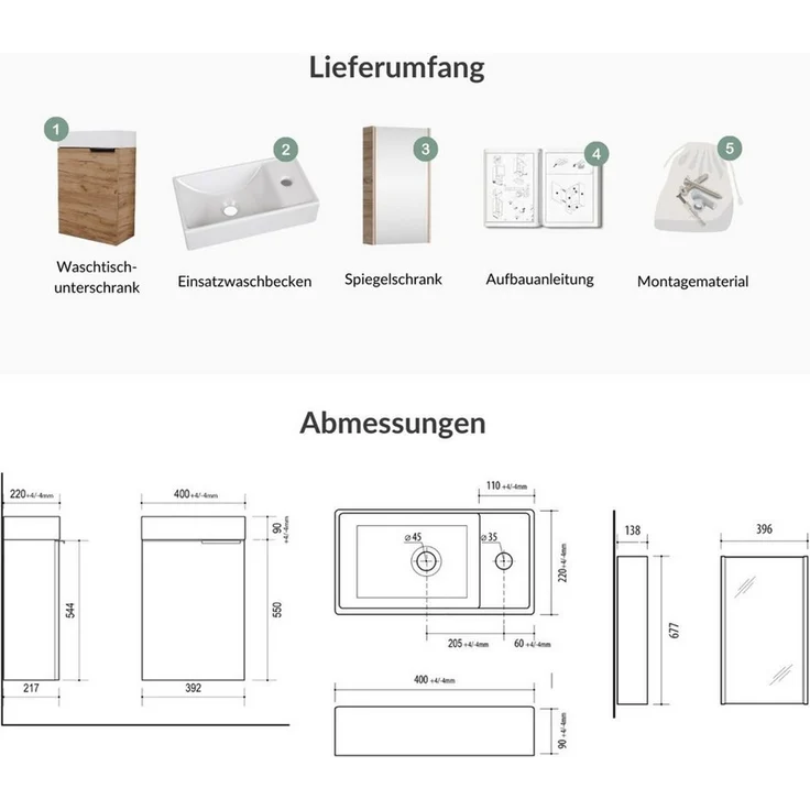 Planetmöbel Badmöbel-Set Badmöbel-Set 40cm mit Spiegelschrank Gold Eiche, (Komplett-Set, 3-St), Badmöbel, Breite 40 cm, Soft-Close-Funktion – Bild 3