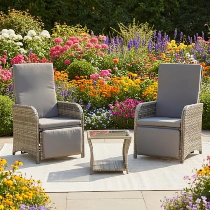 Melko Balkonset Polyrattan Balkonmöbel-Set 3-teilig, grau mit Auflagen, (Balkonmöbel-Set, 3-teiliges Balkonset für 2 Personen), platzsparendes Garten-Sitzgruppe mit Polyrattan-Geflecht und Auflagen – Bild 2