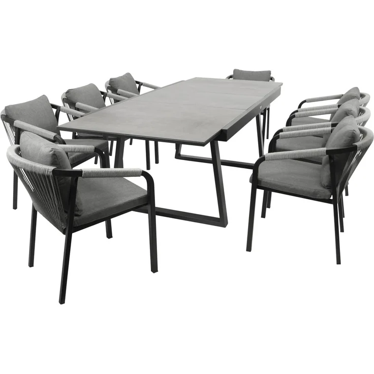DEGAMO REIMS IV Gartengarnitur, Alu + Keramikoptik, anthrazit, 9-teilig grau (8x Stapelsessel, 1x Ausziehtisch 180/240x100cm) – Bild 1