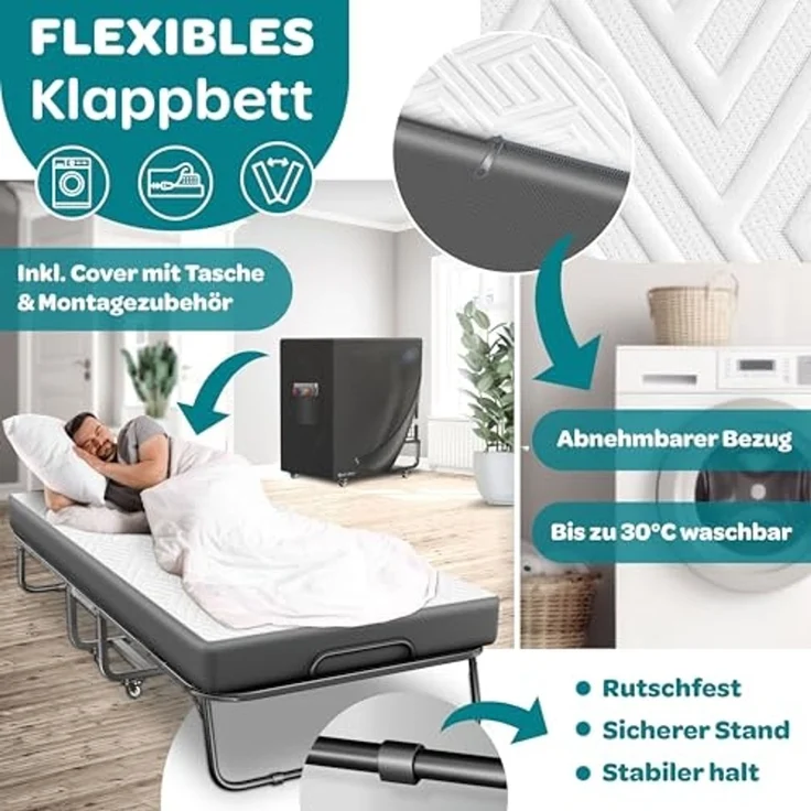 KESSER® Klappbett 200x90cm Gästebett inkl. Matratze aus Memory-Schaum & Rollen | faltbares Reisebett mit Metallrahmen für Erwachsene belastbar bis 250kg | Metallbett mit Schaumstoffmatratze & Cover Anthrazit / Weiß, Deluxe Plus – Bild 3