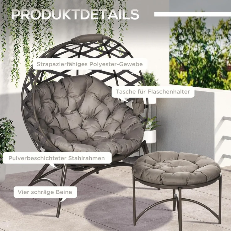 Outsunny Sitzgruppe Gartenstuhl-Set, (Set, 2-tlg, Gartenstuhl-Set), Korbstuhl mit 2-in-1-Hocker – Bild 7